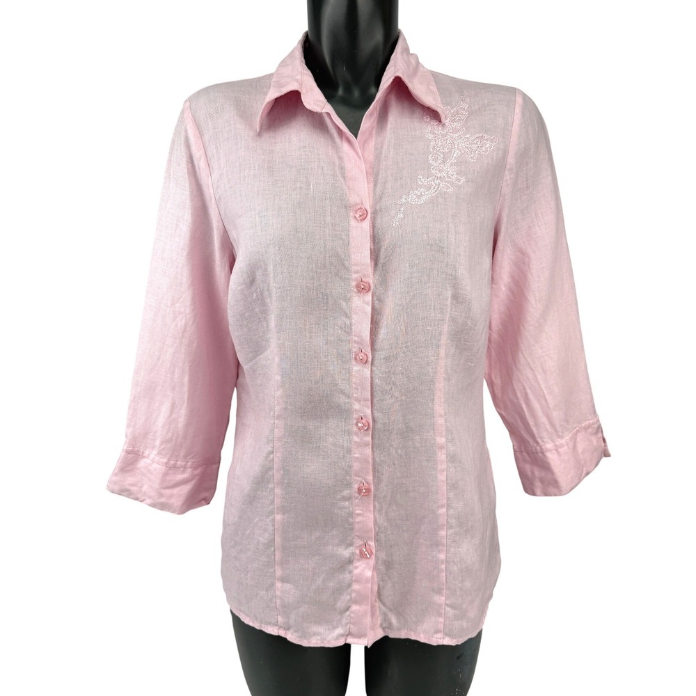 CONTEMPORAINE 100% Linen Embroidered Pink‎ Women's Blouse Size M